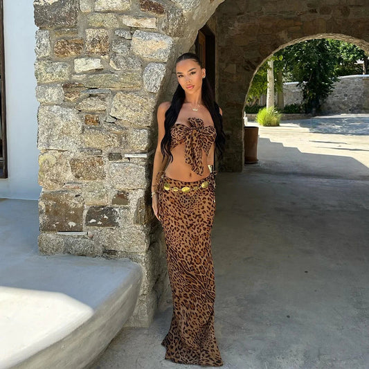 Leopard Bow Long Skirt Three Piece Swimsuit