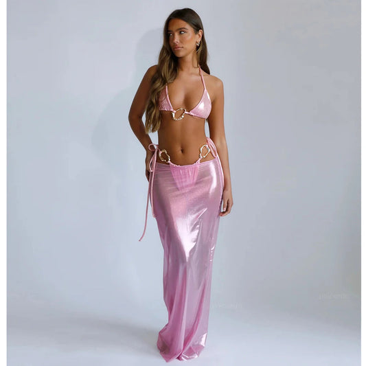 Lace Cover Maxi Dress Three Piece Swimsuit