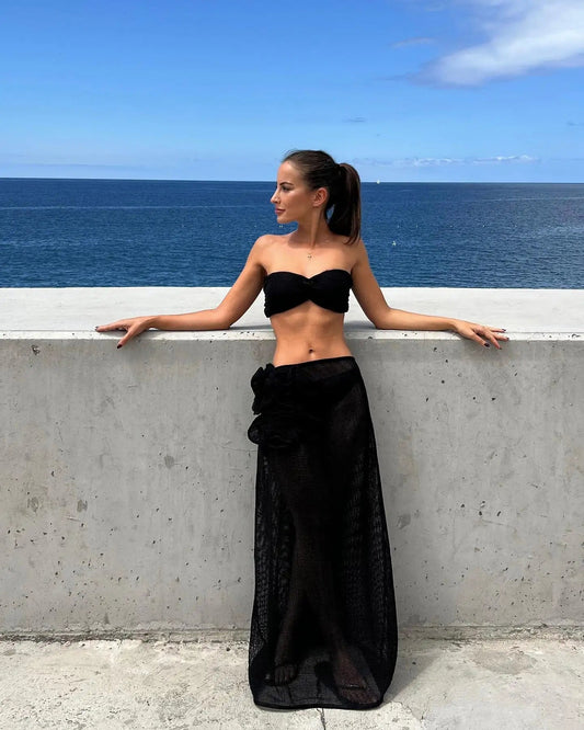 Lace Solid Strappy Skirt Three Piece Swimsuit