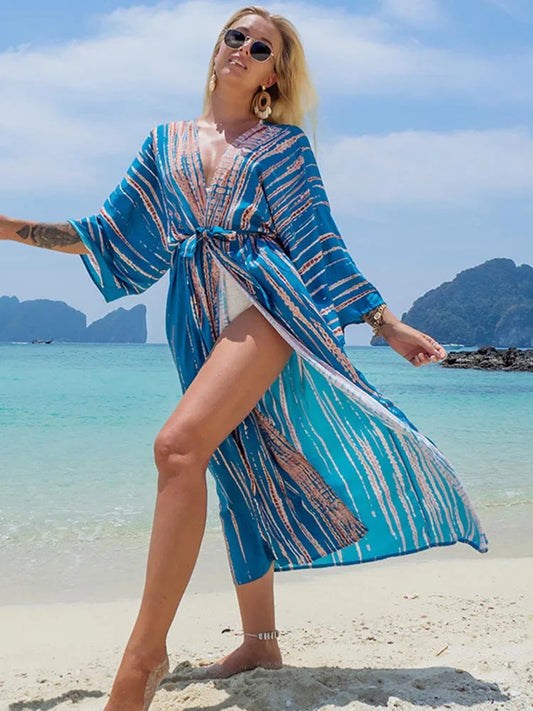 Printed Lace Up Bikini Cover Up