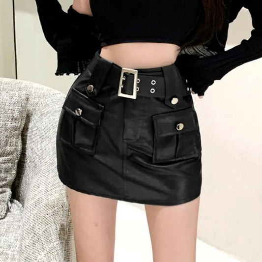 Skinny Pocket Wrap PU Skirt