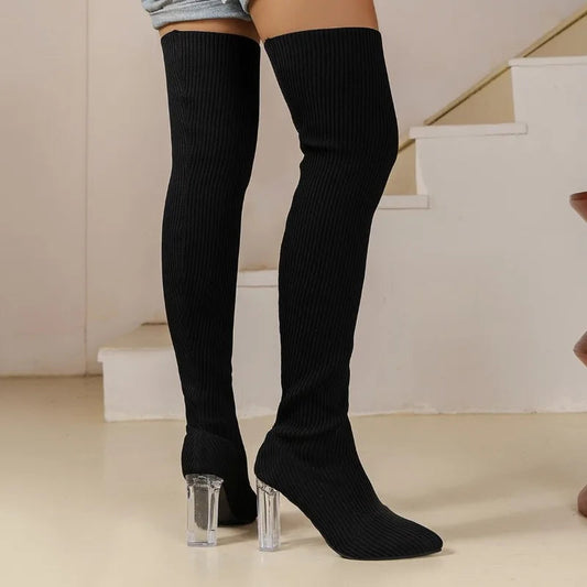 Sexy Pointed Slim Black Over The Knee Plshop Size Transparent High Heel Knee High Boot