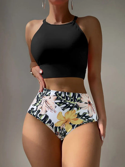High Neck Floral Swim Two Piece Set
