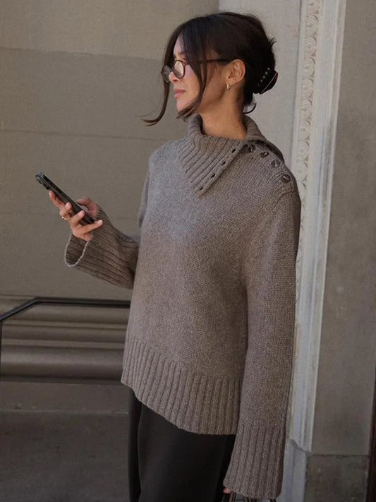 Button Turtleneck Loose Pullover Sweater