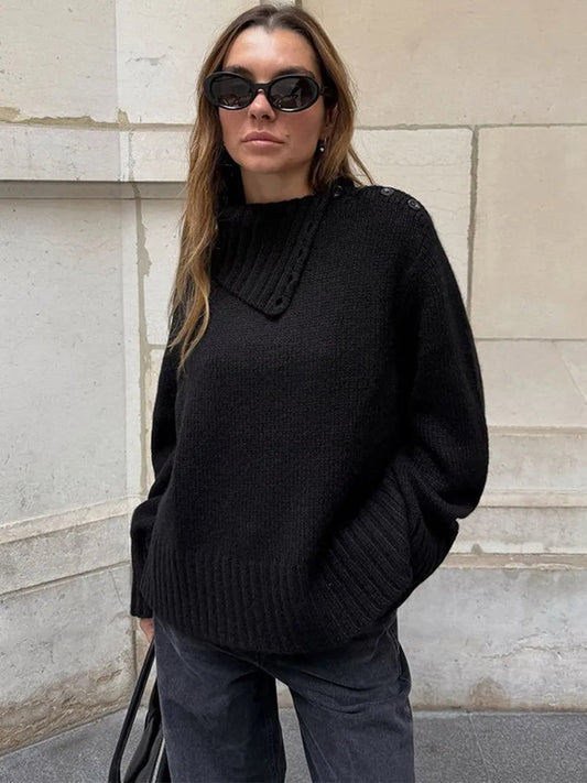 Button Turtleneck Loose Pullover Sweater