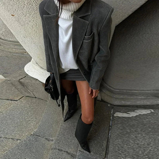 Solid Leather Lapel Single-Breasted Overcoat