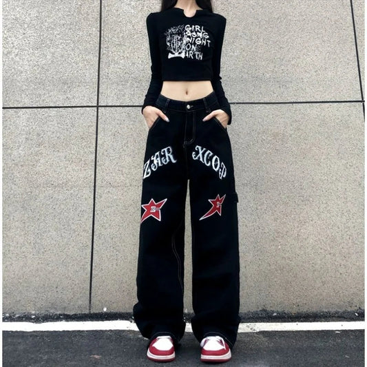 Wide Leg Stars Letter Print Jeans Pants