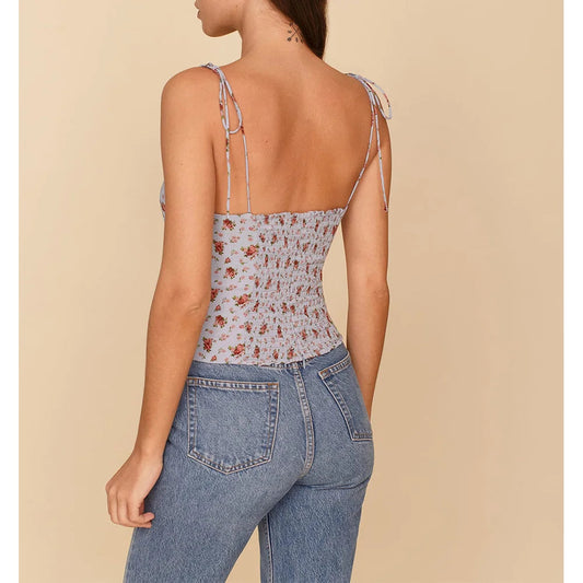 Vintage Floral Smocked Tie Strap Slim Fitted Crop Cami Top