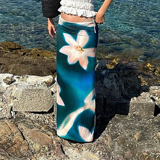 Summer Fashion Blue Print High Waist Maxi Skirt Club Skirt