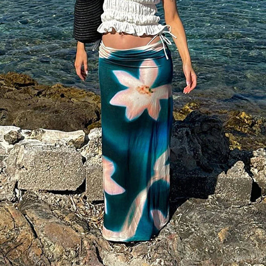 Summer Fashion Blue Print High Waist Maxi Skirt Club Skirt
