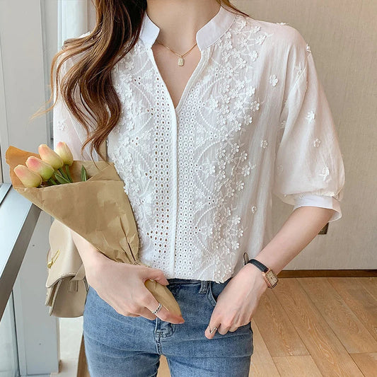 Floral Embroidery Lace Hollow V-neck Bloshope