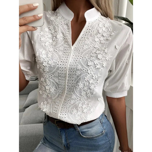 Floral Embroidery Hollow Out V Neck Bloshope