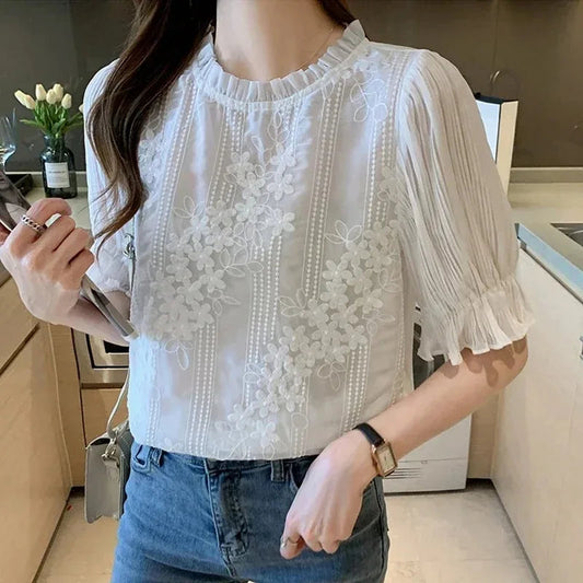 Lace Chiffon Short Sleeve Embroidery Bloshope