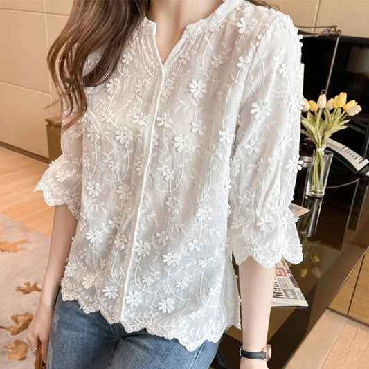 Embroidery Floral Short Sleeve White Bloshope