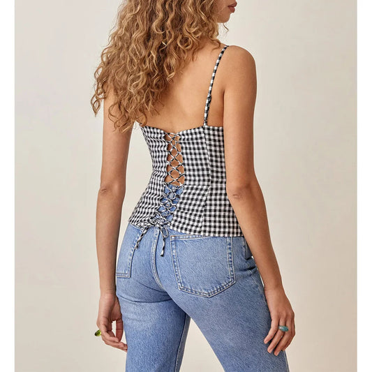 Spaghetti Strap Front Button Gingham Lace Up V Neck Casual Crop Top