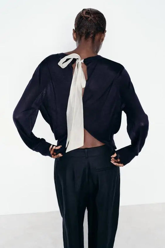 Color Contrasting Bow Bat Sleeve Cardigan