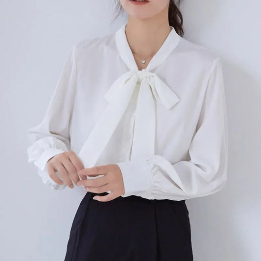 Bow Champagne Satin Long Sleeve Office Lady Bloshope