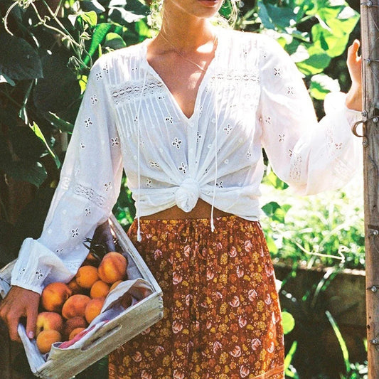 Cotton Floral Embroidery White Lace V-Neck Boho Bloshope