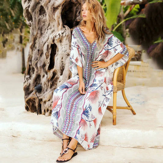 Cotton Rayon Floral Print Maxi Boho Cover up