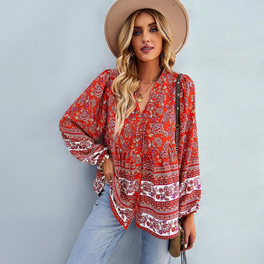 Floral Print Button-Up Long Sleeve Boho Bloshope