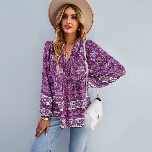 Floral Print Button-Up Long Sleeve Boho Bloshope