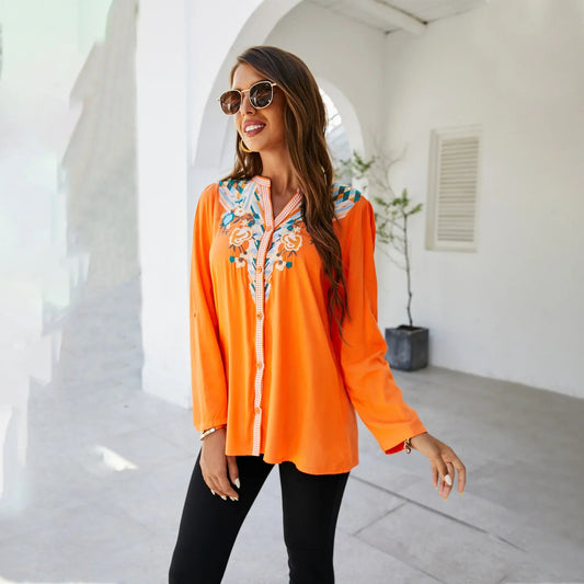 Casual Floral Embroidery Oversize Cotton Long Sleeve Boho Bloshope
