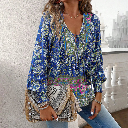 Casual V-Neck Floral Print Long Sleeve Boho Bloshope