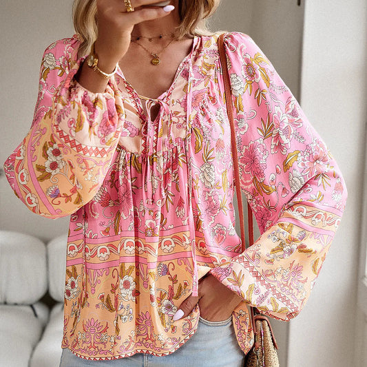 Cotton Rayon Floral Printed Long Sleeve Beach Boho Bloshope