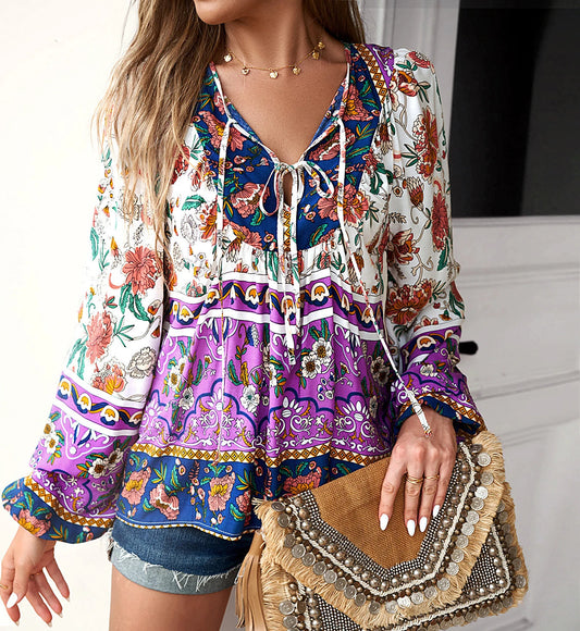Cotton Rayon Floral Printed Long Sleeve Beach Boho Bloshope