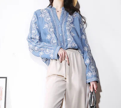 Vintage Floral Embroidery Cotton Denim Long Sleeve Boho Bloshope