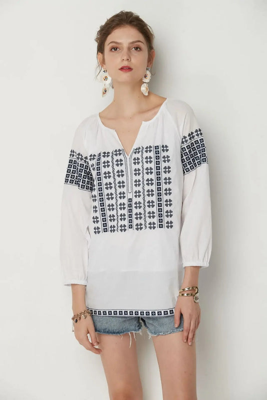 White Cotton Embroidery V-Neck Loose Pullover Boho Bloshope