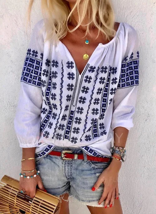 White Cotton Embroidery V-Neck Loose Pullover Boho Bloshope