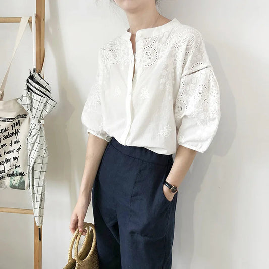 White Cotton Floral Embroidery Vintage Boho Summer Bloshope