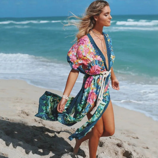 Side Split Kaftan Floral Print Boho Cover up
