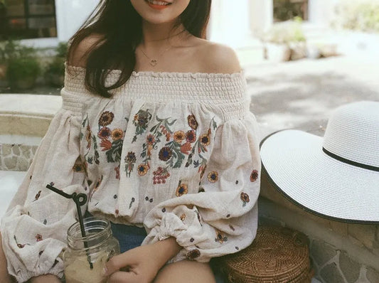Short Floral Embroidery Off-Shoulder Boho Crop Bloshope