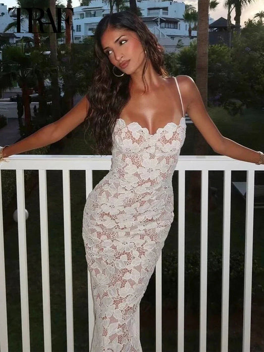 Lace Slip Embroidery Midi Vacation Dress