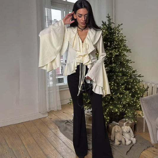 Ruffled Lace-Up V-neck Bloshope