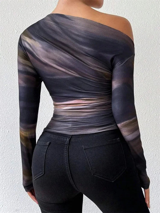 Tie-dye One Shoulder Slim Fit Long Sleeve Knit Top