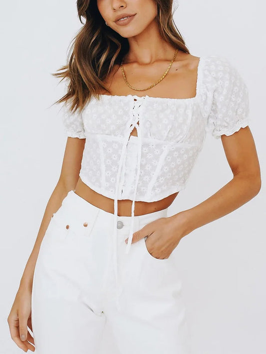 Short Puff Sleeve Embroidery Smocked Tie Bow Crop Bloshope