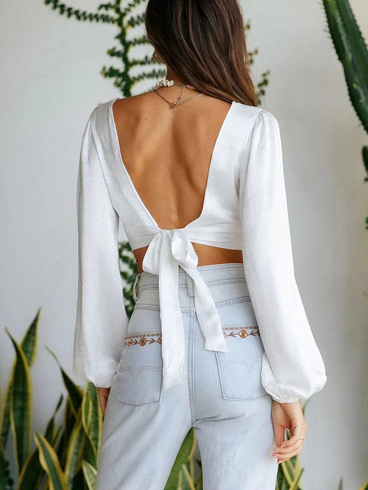 Deep V Cut Out Back Tie Backless Puff Sleeve White Bloshope