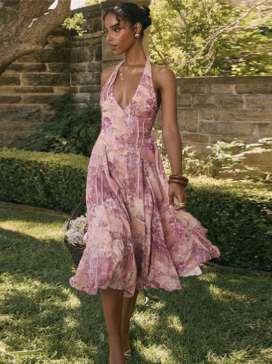 Print Pleated A-line Vacation Dress