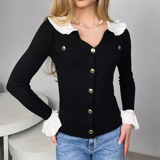 Elegant Patchwork Ruffle Long Sleeve Cardigan
