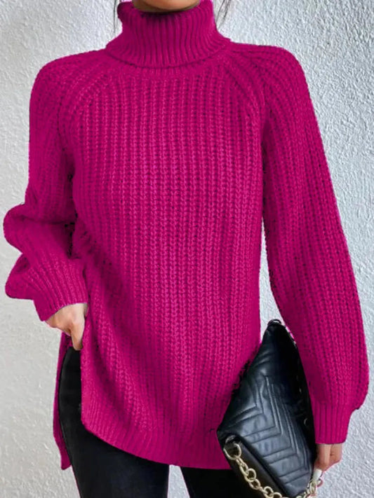 Turtleneck Split Crochet Thick Sweater