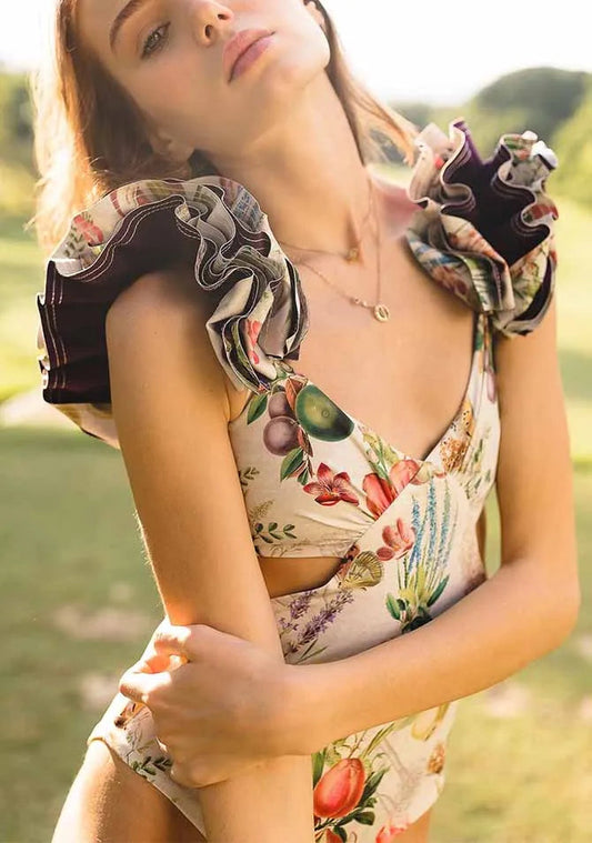 V-neck Ruffle Tie Dye Bandage Swimsuit One Piece