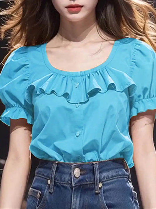 Ruffled Solid Puff Sleeve Casual Tunic Bloshope