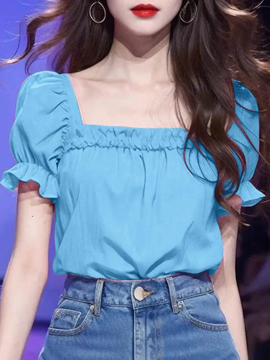 Solid Color Ruffled Square Neck Short Sleeve Bloshope