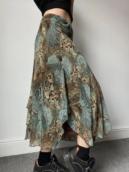 Aesthetic Floral Print Asymmetrical Boho Vacation Lace Skirt