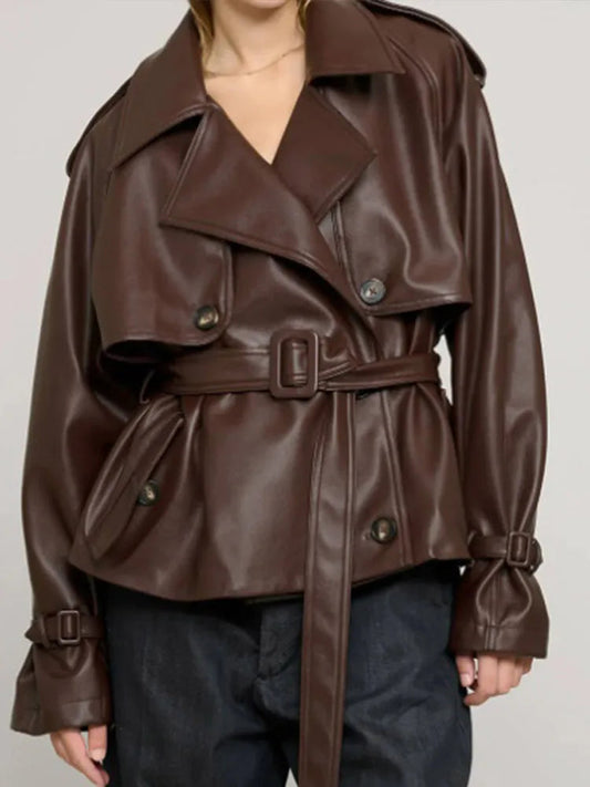 Vintage Brown Button PU Leather Coat