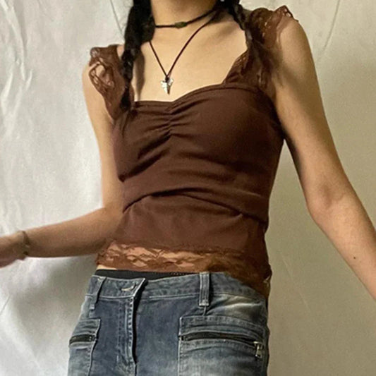 Vintage Brown Lace Patchwork Open Back Slim Fit Fairy Grunge Y2K Camis Crop Top
