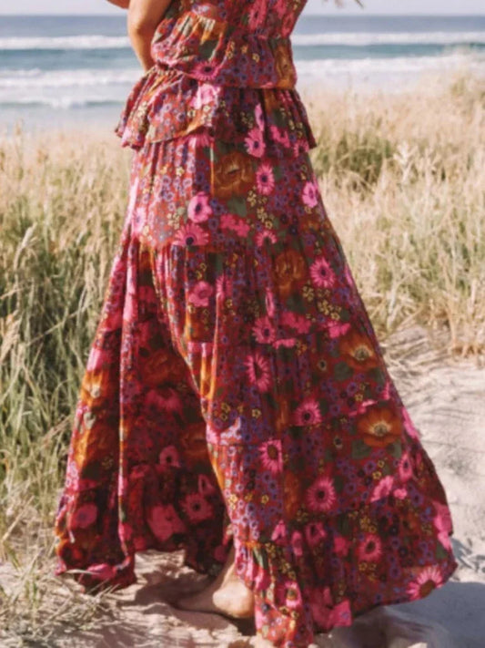 Vintage Fashion Bohemian Red Floral Print Beach Long Skirt
